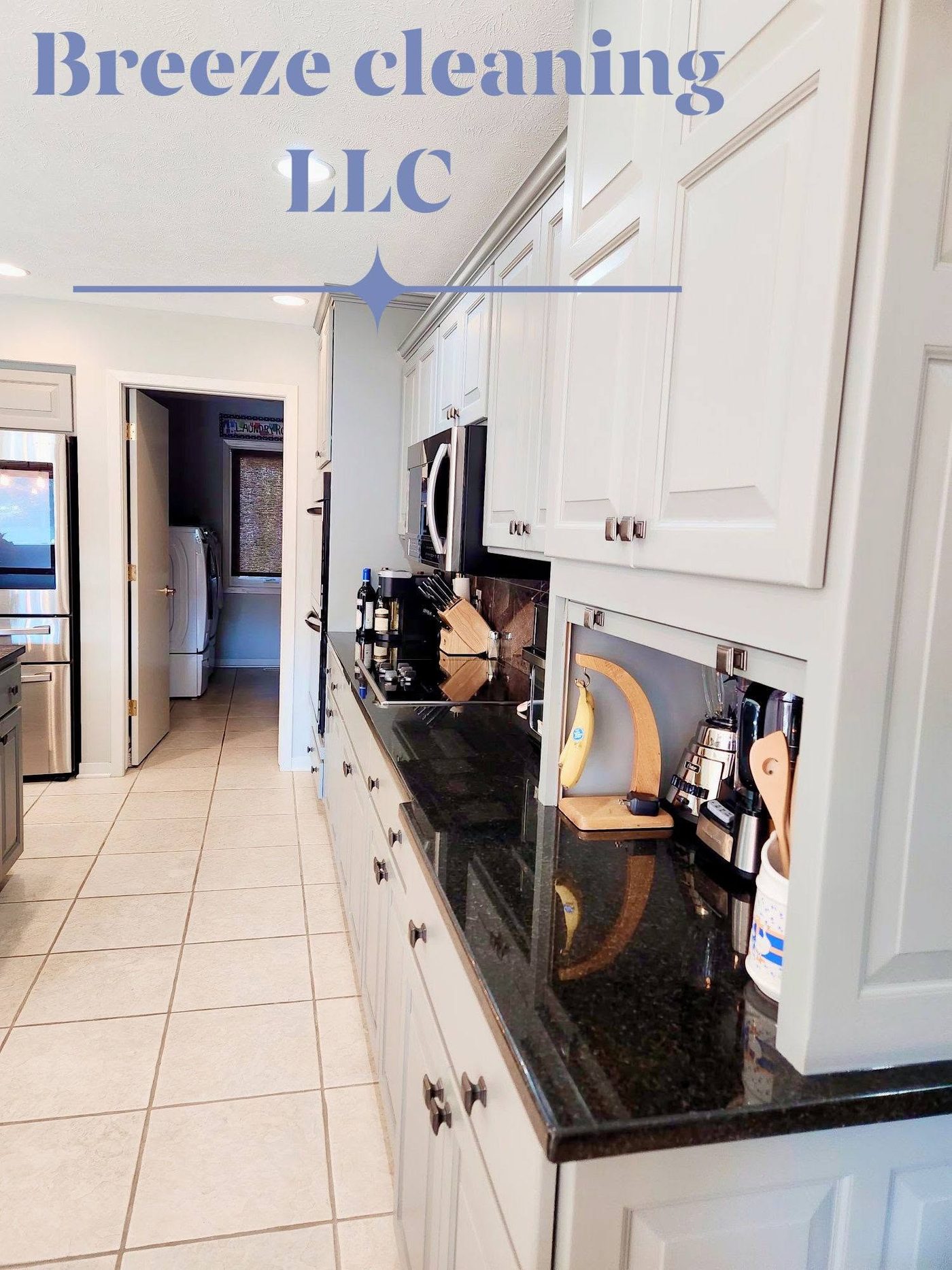 Kitchen island and sink scrubbed to a shine